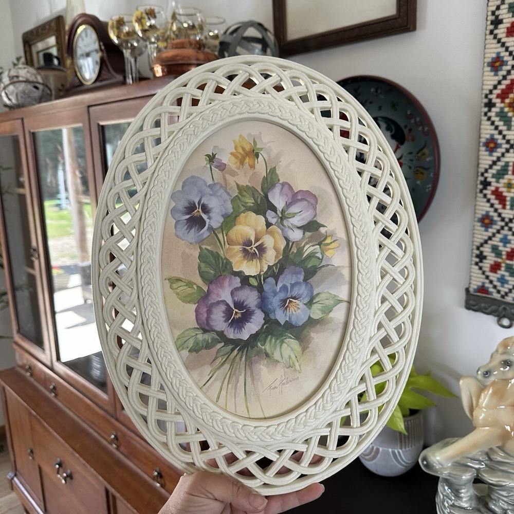 VTG Home Interiors Floral Pansy Art Oval Frame Lattice Fran Anderson Cottagecore
